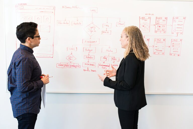 Two people standing working on a whiteboard coming up with a solution