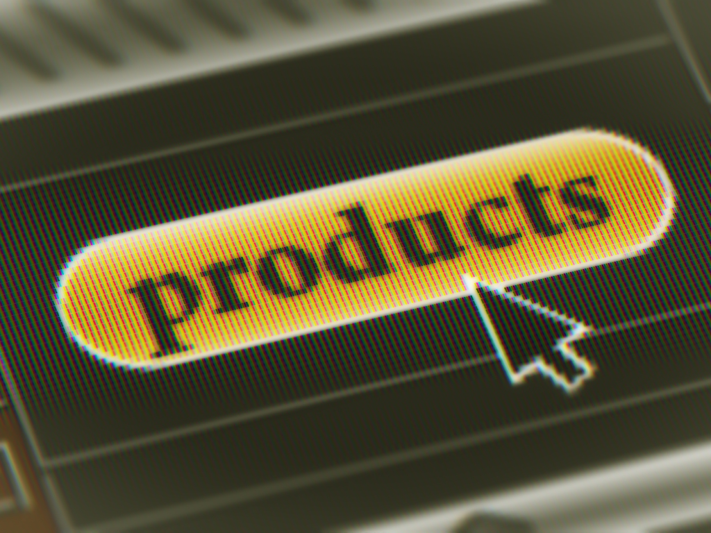 Close-up of a computer screen showing a yellow button labeled 'products' with a cursor hovering over it.