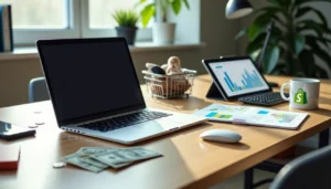 Modern office desk with a laptop, tablet showing analytics graphs, printed charts, cash and a Shopify-branded mug, illustrating the costs and ROI of building a CRO-driven Shopify store.