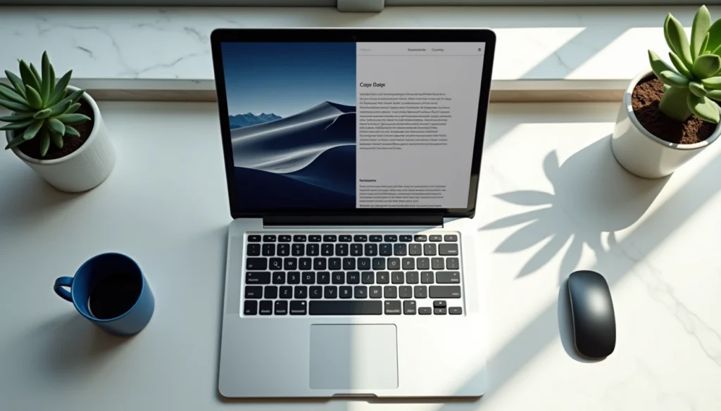 Open laptop on a bright desk showing a text editor with a large hero image and long-form copy, surrounded by a coffee mug, mouse and potted plants, symbolizing the importance of homepage copy over visuals.